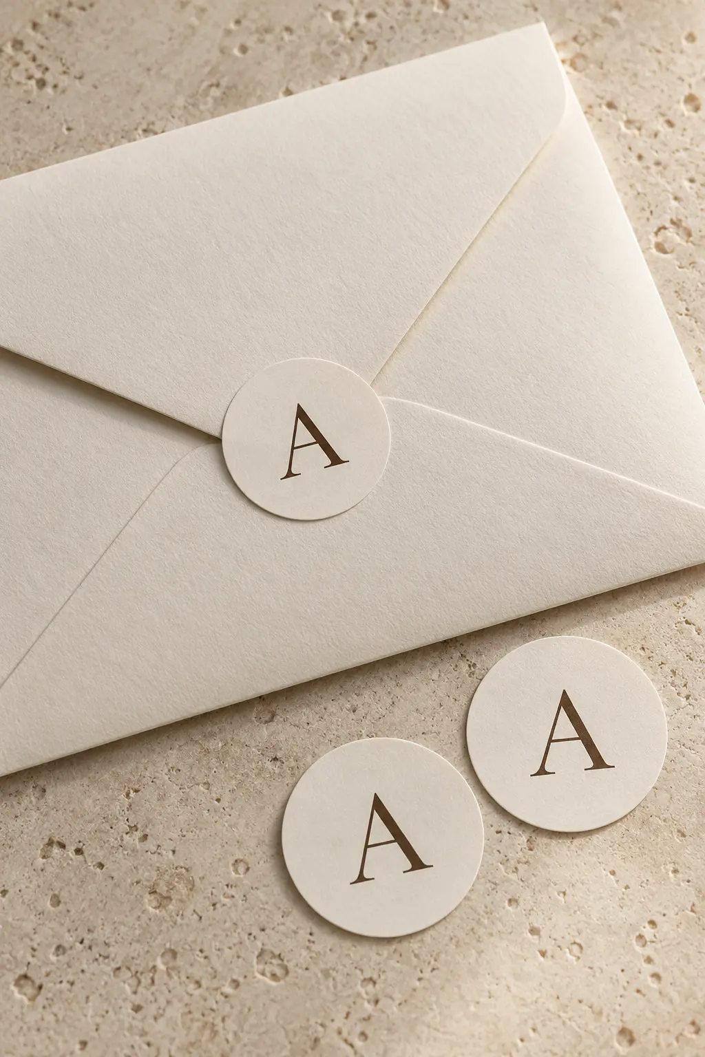 Voorbeeld van ivoorkleurige sluitstickers met een bruine initiaal A op een luxe envelop